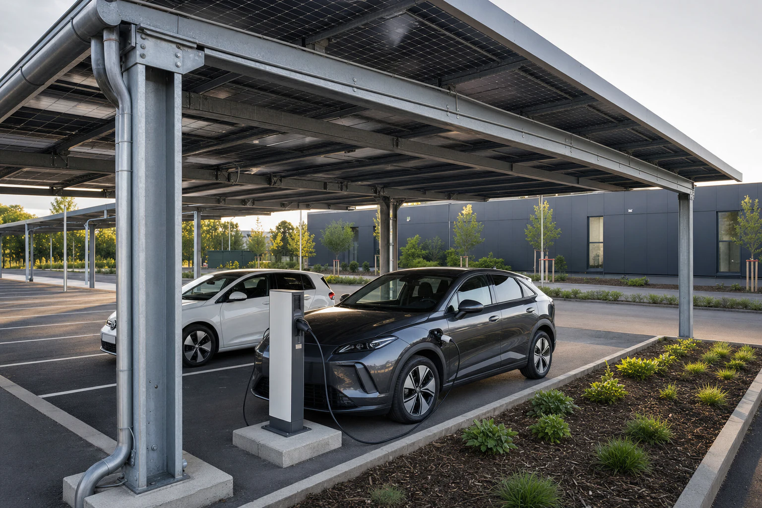 Technisches Detail von PV-Dach, Entwässerung und Ladepunkt