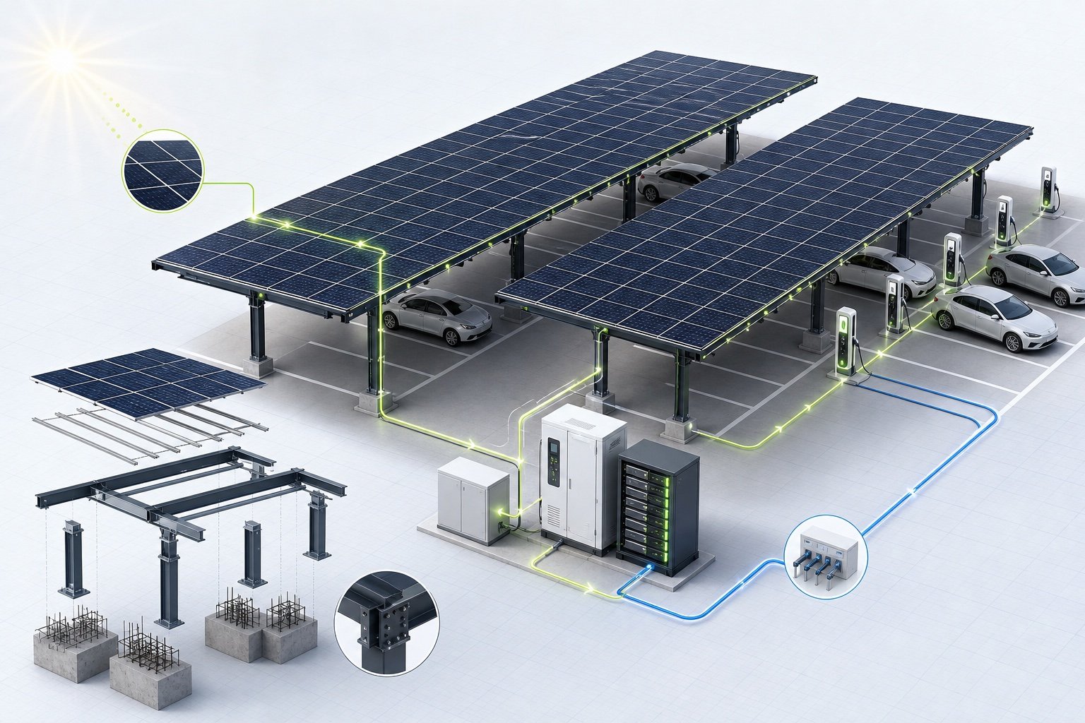 Systemgrafik eines Solarcarports mit PV-Dächern, Tragwerk, Wechselrichter, Batteriespeicher und Ladepunkten